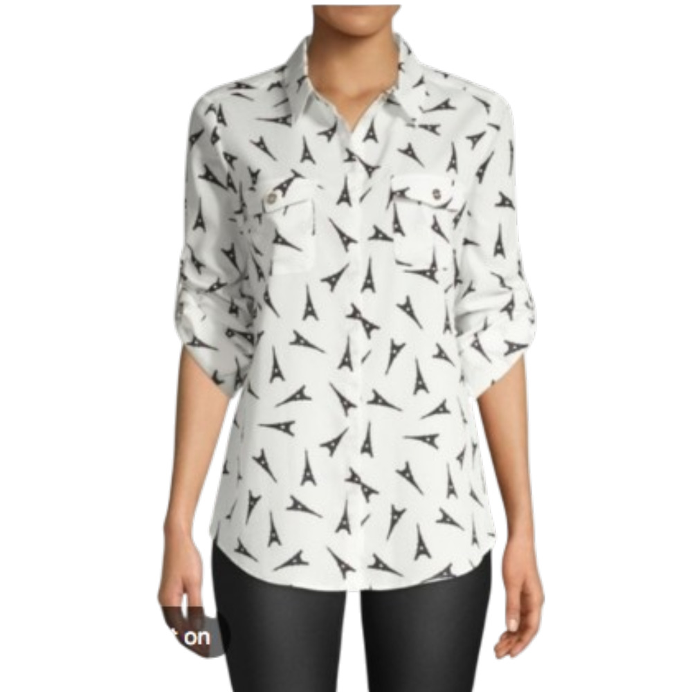 Karl Lagerfeld Blouse White Shirt Black Eiffel Tower Print Button Up Size M 6-8